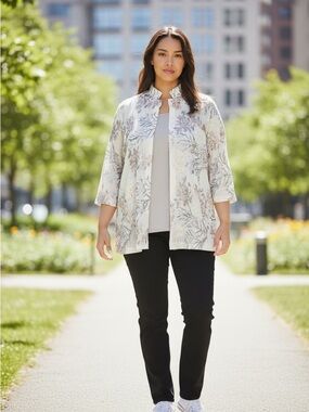 Ming Wang Light Gray Floral Print Tunic Jacket